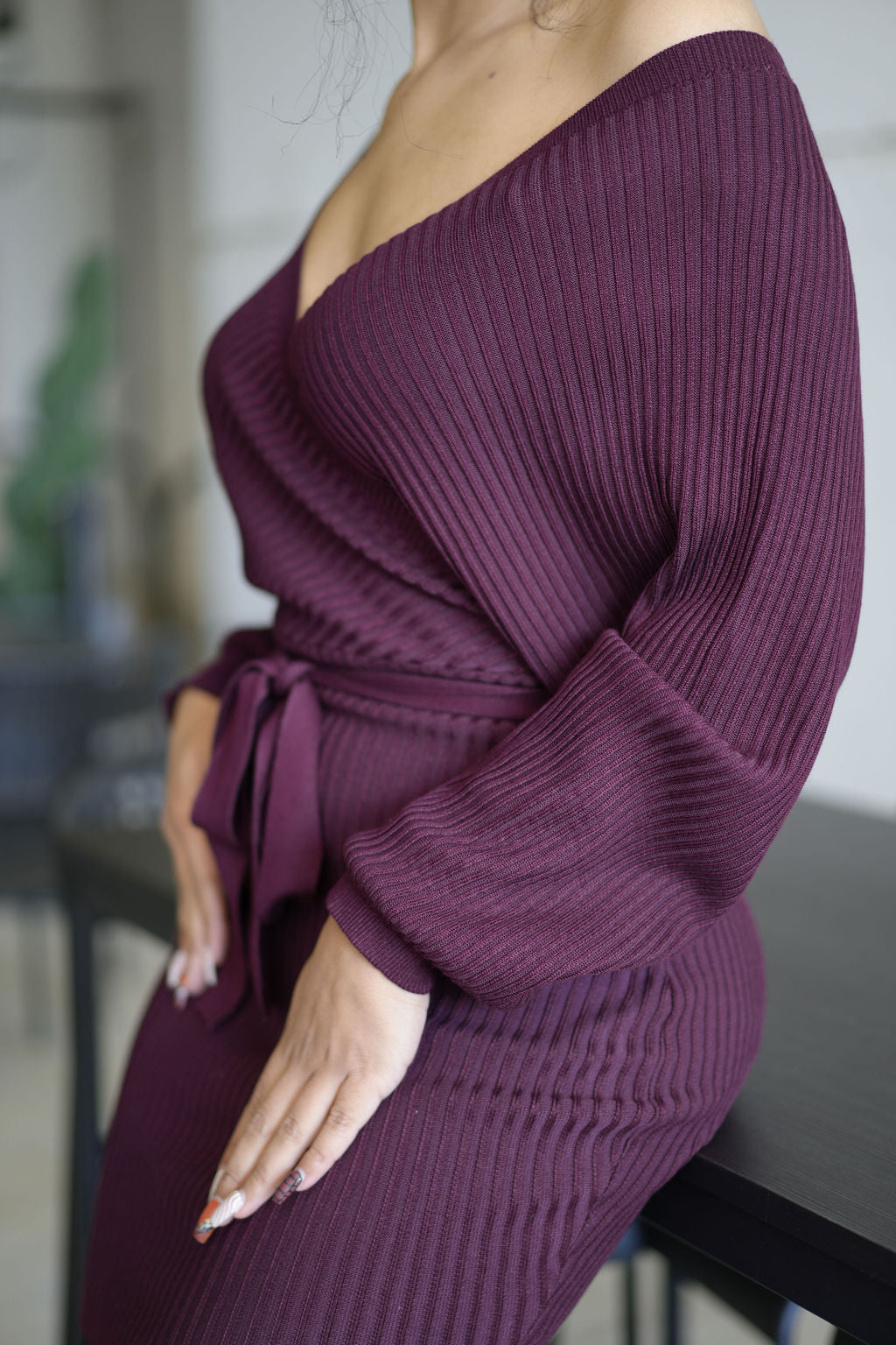 Stella | Wine Off Shoulder Belted Mini Knit Sweater Dress