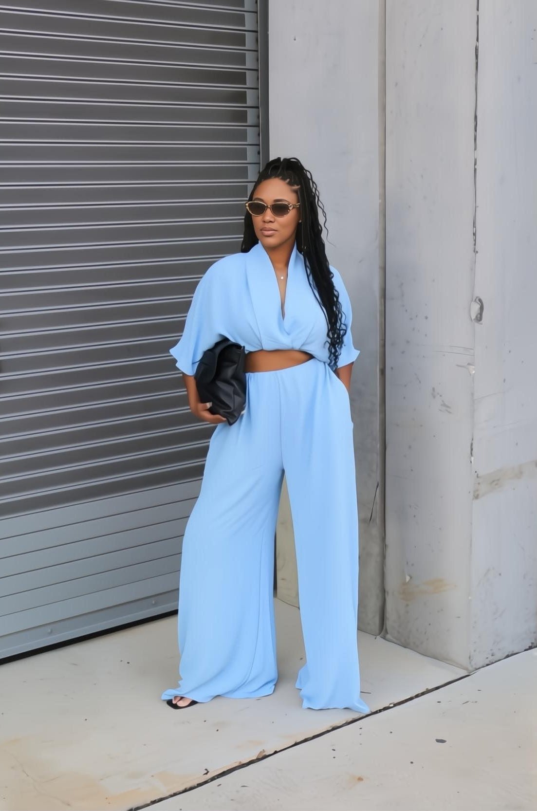 Nia | Light Blue Cropped Kimono Wide-Leg Pants Set