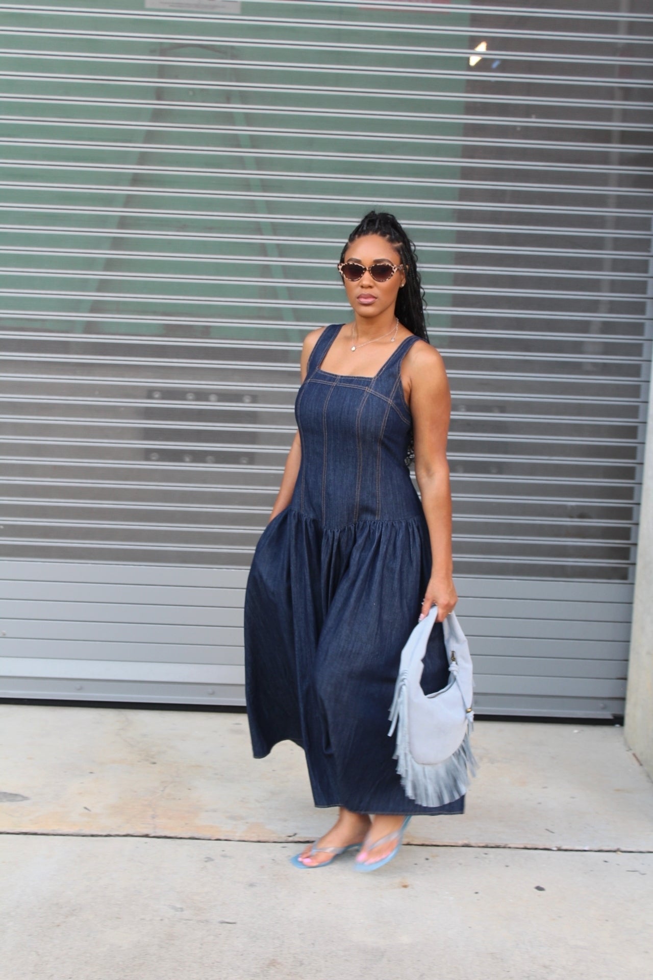 Solange | Dark Denim Square Neck Midi Dress