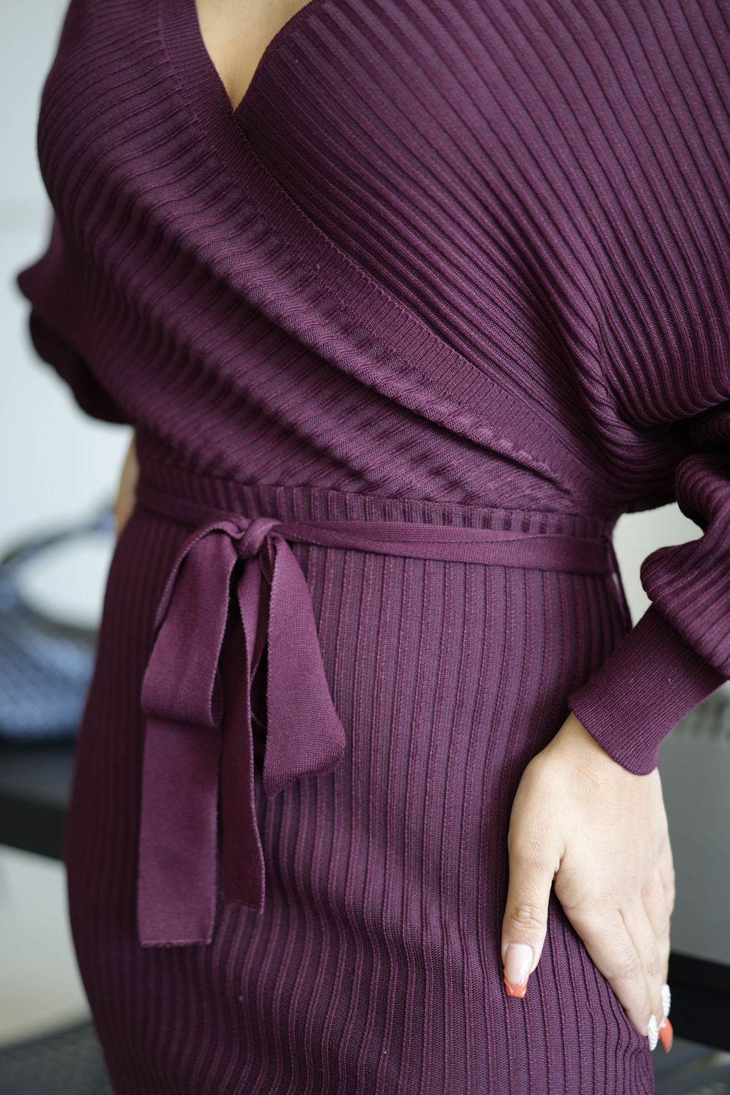 Stella | Wine Off Shoulder Belted Mini Knit Sweater Dress