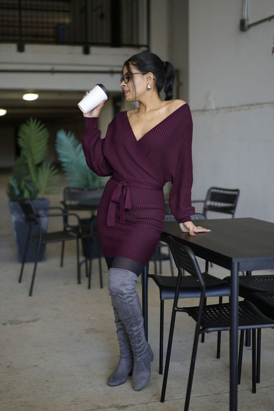 Stella | Wine Off Shoulder Belted Mini Knit Sweater Dress