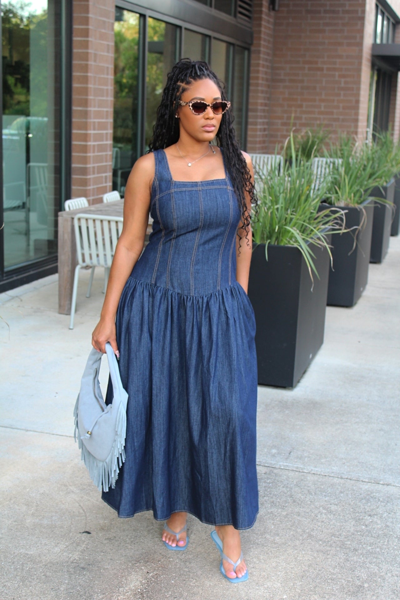 Solange | Dark Denim Square Neck Midi Dress