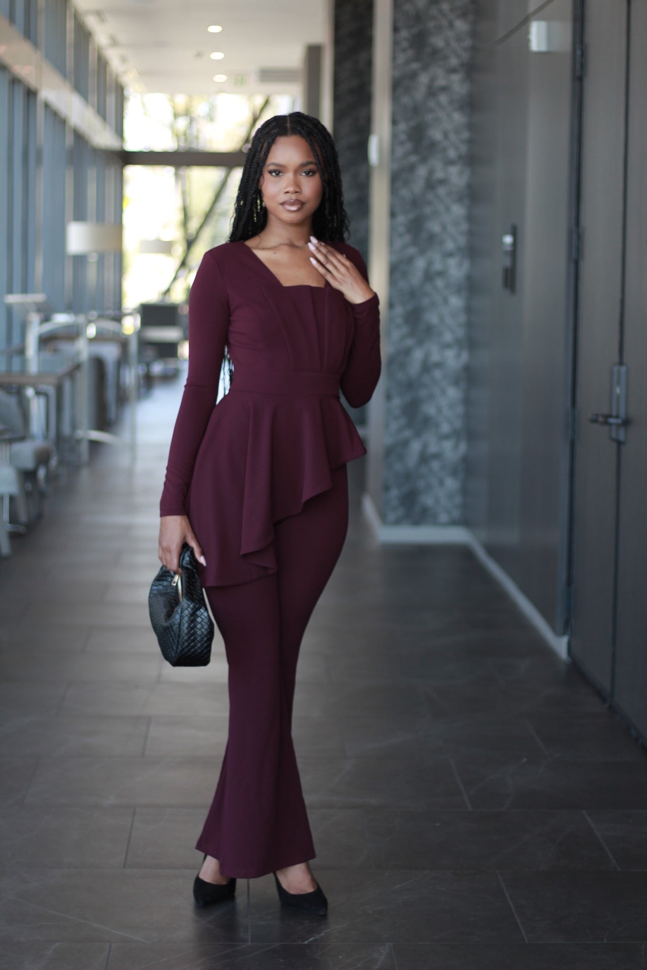 Formal Maroon Colour Jumpsuit Blair Maroon Peplum Top Jumpsuit