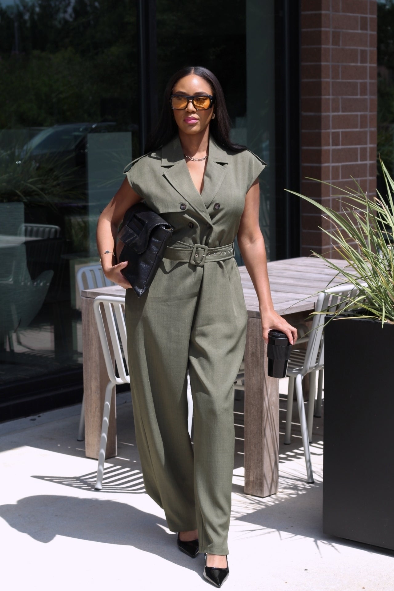 Gretchen | Olive Trench Style Double Button Belted Jumpsuit