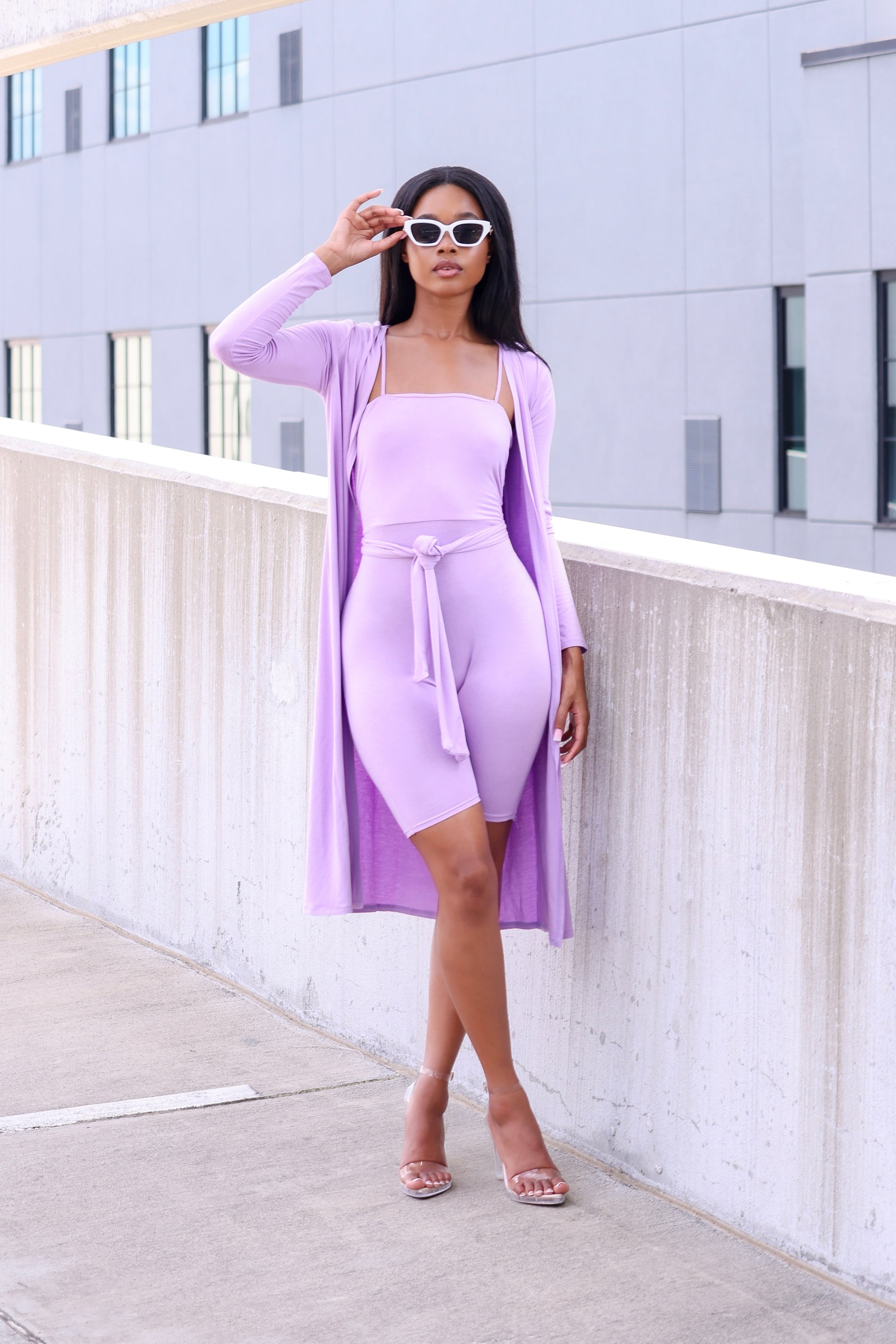 Lavender Tie front romper Set with Long Sleeve Duster